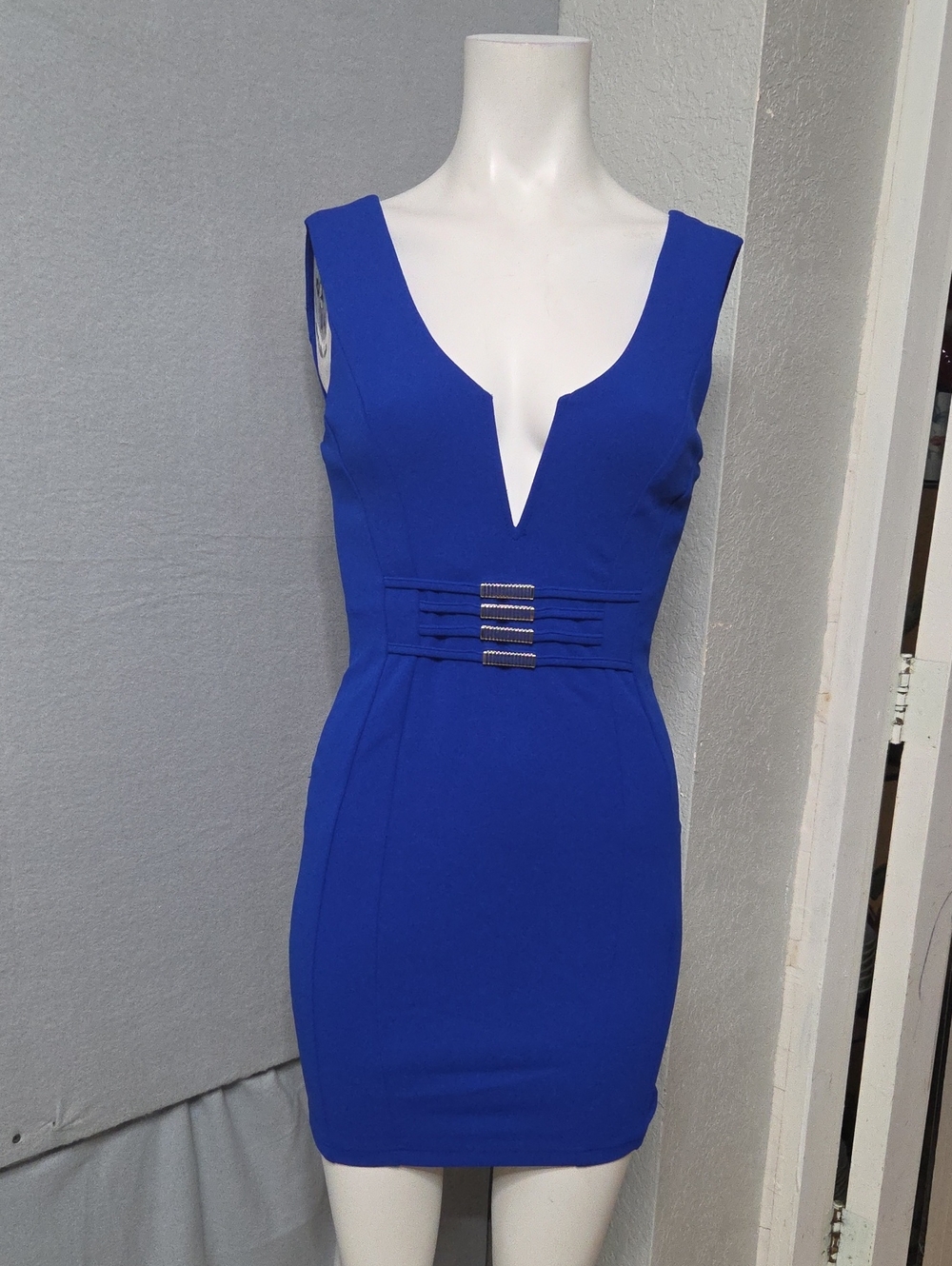 Entry Royal Blue Deep V Bodycon Mini Dress Medium Sz.